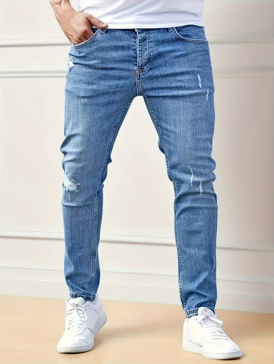 Men's Slim Fit Stretch Jeans - High Waist, Solid Color Casual Denim Pants with Ripped Detail, Machine Washable
