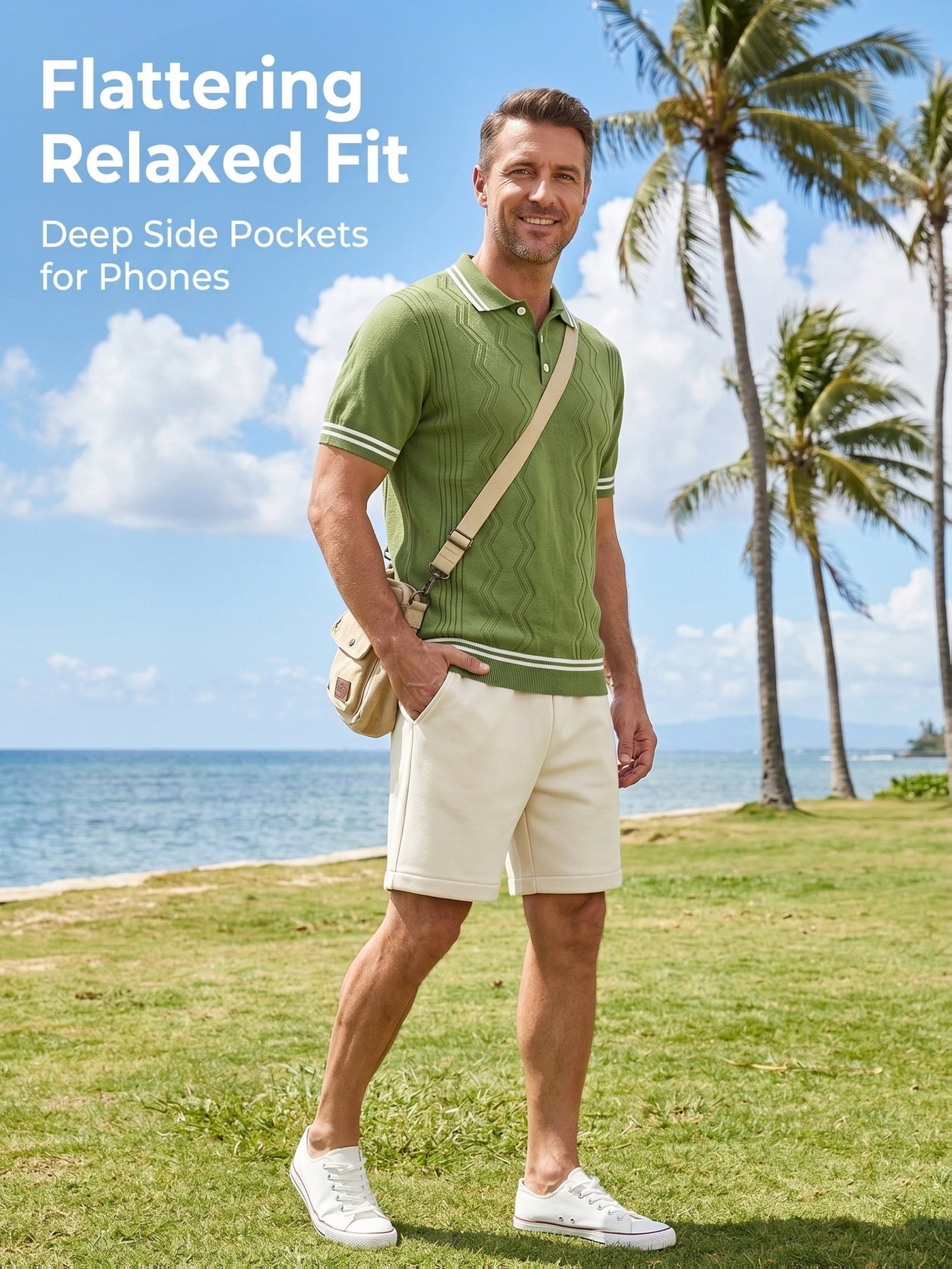 Men's Vintage Knit Polo & Shorts Set with Contrast Trim