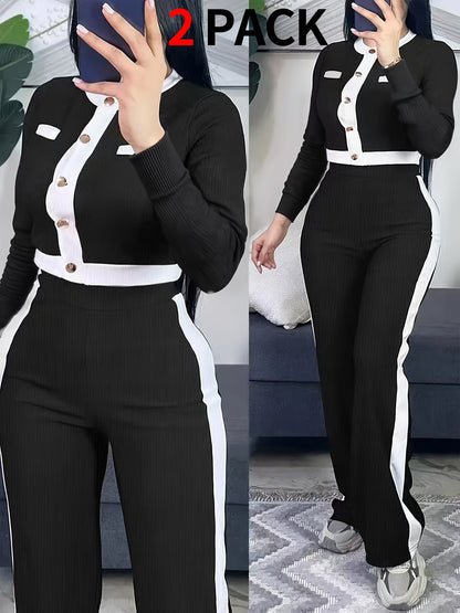 Autumn And Winter Women'S Outfit - Stylish Color-Blocked Fitted Long-Sleeve Top with a Round Neck And Versatile High-Waisted Comfortable Straight-Leg Pants