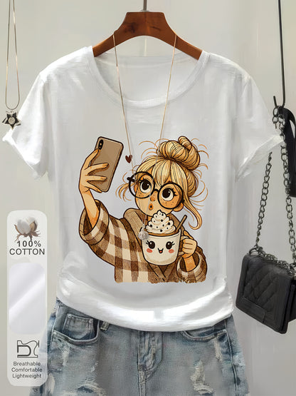 Casual Cotton Crew Neck T-Shirt with Coffee Cup Print