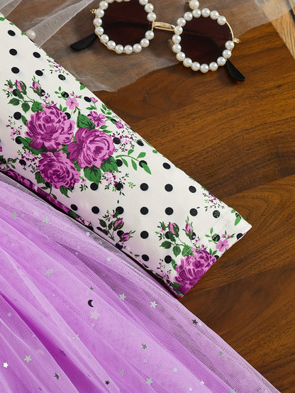 COVIVIKY Girls' Elegant Long Sleeve Party Dress with Puff Skirt & Sheer Panel - Knee-Length A-Line Wedding Prom Dress, Belted Waist Bow & Netting Trim, Hand Washable Winter Formal Gown for Girls (Age 4-12)