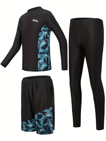 Men's Tropical Print Long Sleeve Swimwear Set with Pants