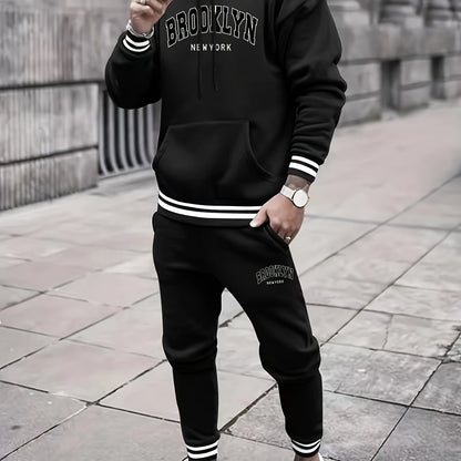 2pcs Men's Trendy BROOKLYN Letter Print Hooded Outfit, Hoodie & Pants Set, Men's Clothes For Spring Fall Winter, As Gift
