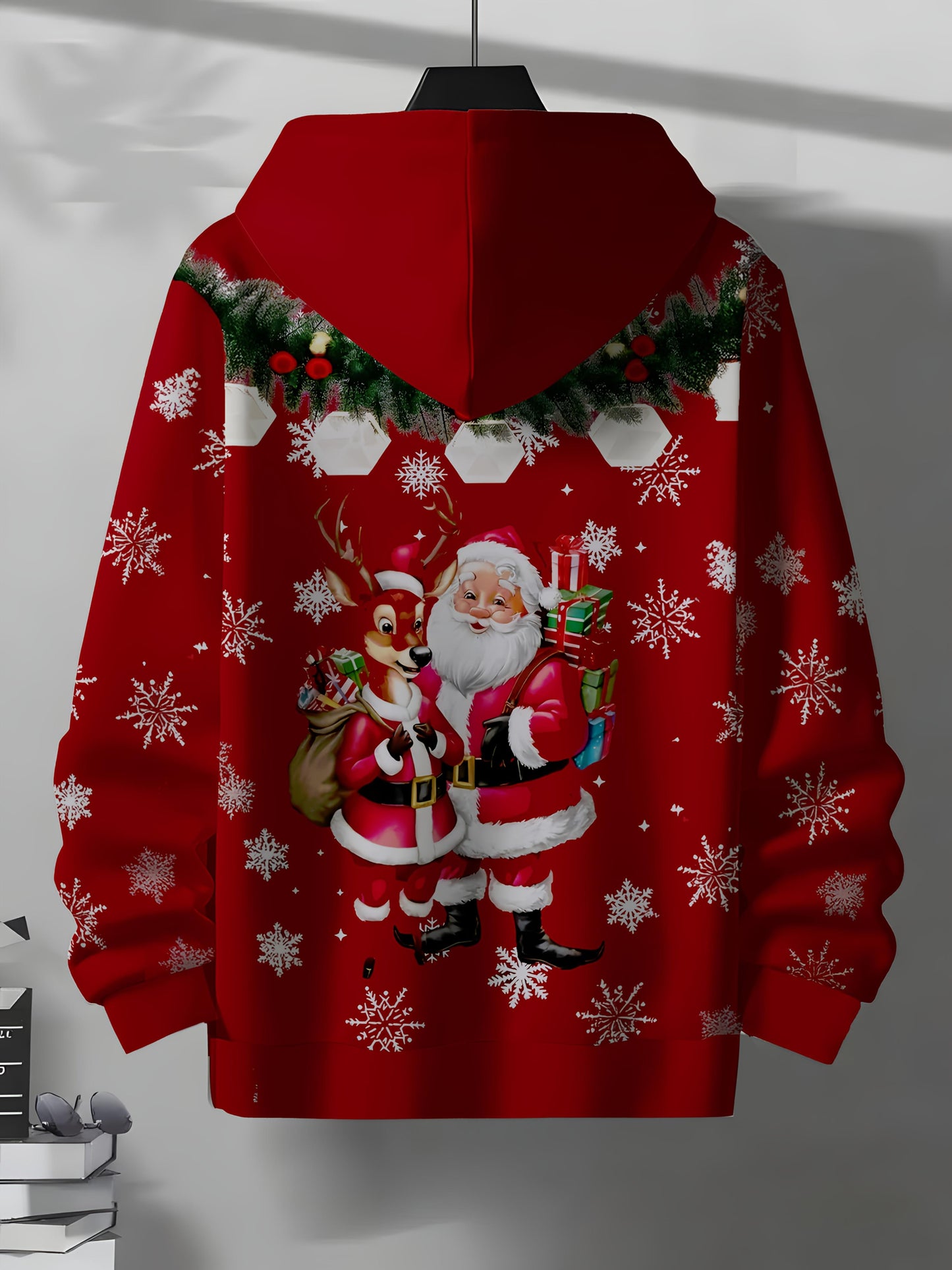 Men's Full-Body Snowflake & Santa Print Christmas Sweater Jacket with Pockets - Red Festive Hooded Pullover, Winter Party Outfit, Casual Seasonal Clothing, Durable for holiday Events & Daily Wear, PLUS SIZE