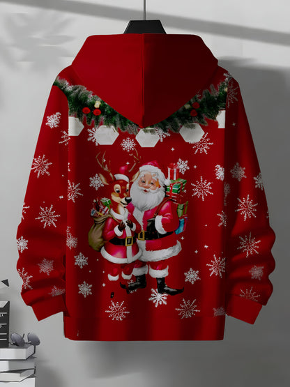 Men's Full-Body Snowflake & Santa Print Christmas Sweater Jacket with Pockets - Red Festive Hooded Pullover, Winter Party Outfit, Casual Seasonal Clothing, Durable for holiday Events & Daily Wear, PLUS SIZE