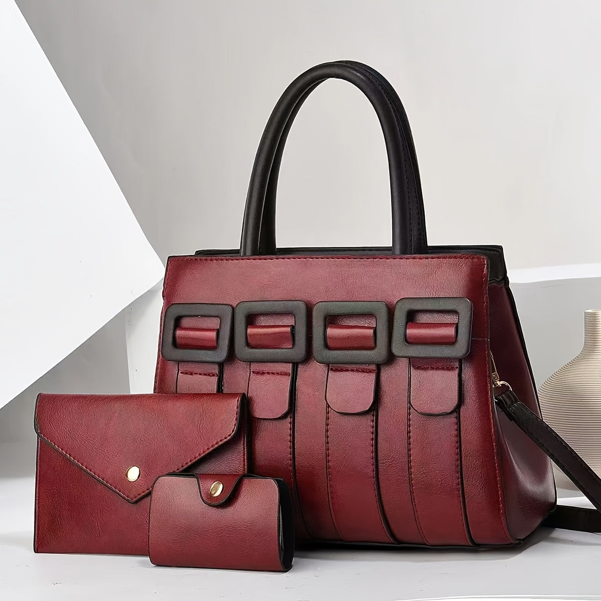 Women’s 3-Piece Faux Leather Handbag Set with Adjustable Strap