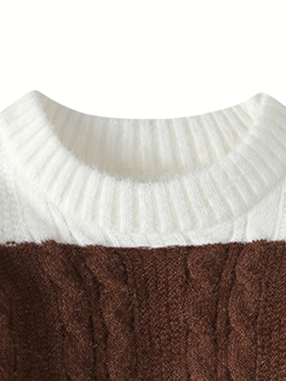 Նոր աշնանային և ձմեռային կլոր վզնոցով նորաձև գծավոր, գունավոր բլոկներով տրիկոտաժե սվիտեր միջին տարիքի տղամարդկանց համար, տաք և հարմարավետ