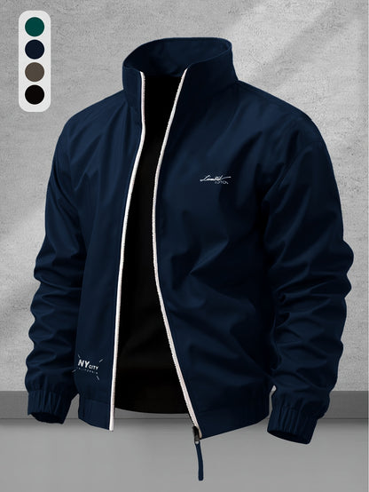 Men's Casual Polyester Jacket with Stand Collar and Zipper