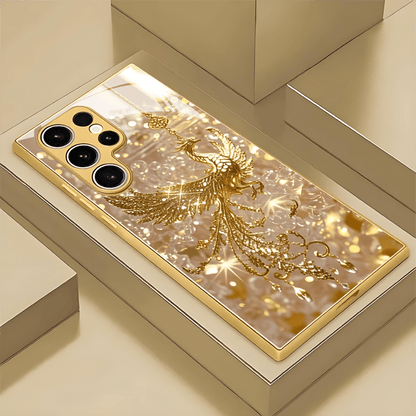 Premium Golden Horse Pattern Gift for 4 Seasons Tempered Glass Phone Case for Iphone 16/16 Pro/16Plus/16Pro Max/15/15 Pro/15 Pro Max/14/14Pro/14 PLUS/14 Pro Max/13/13 Pro/13 Pro Max/13 Mini/12/11 /XR/XS/X/7/8PLUS Mobile Phone