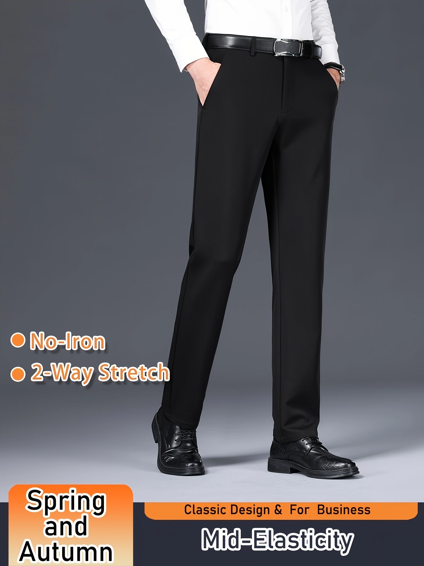 Men's Solid Color Dress Pants, Classic Design Slightly Stretch Formal Dress Pants For Business Occasions, Spring And Fall