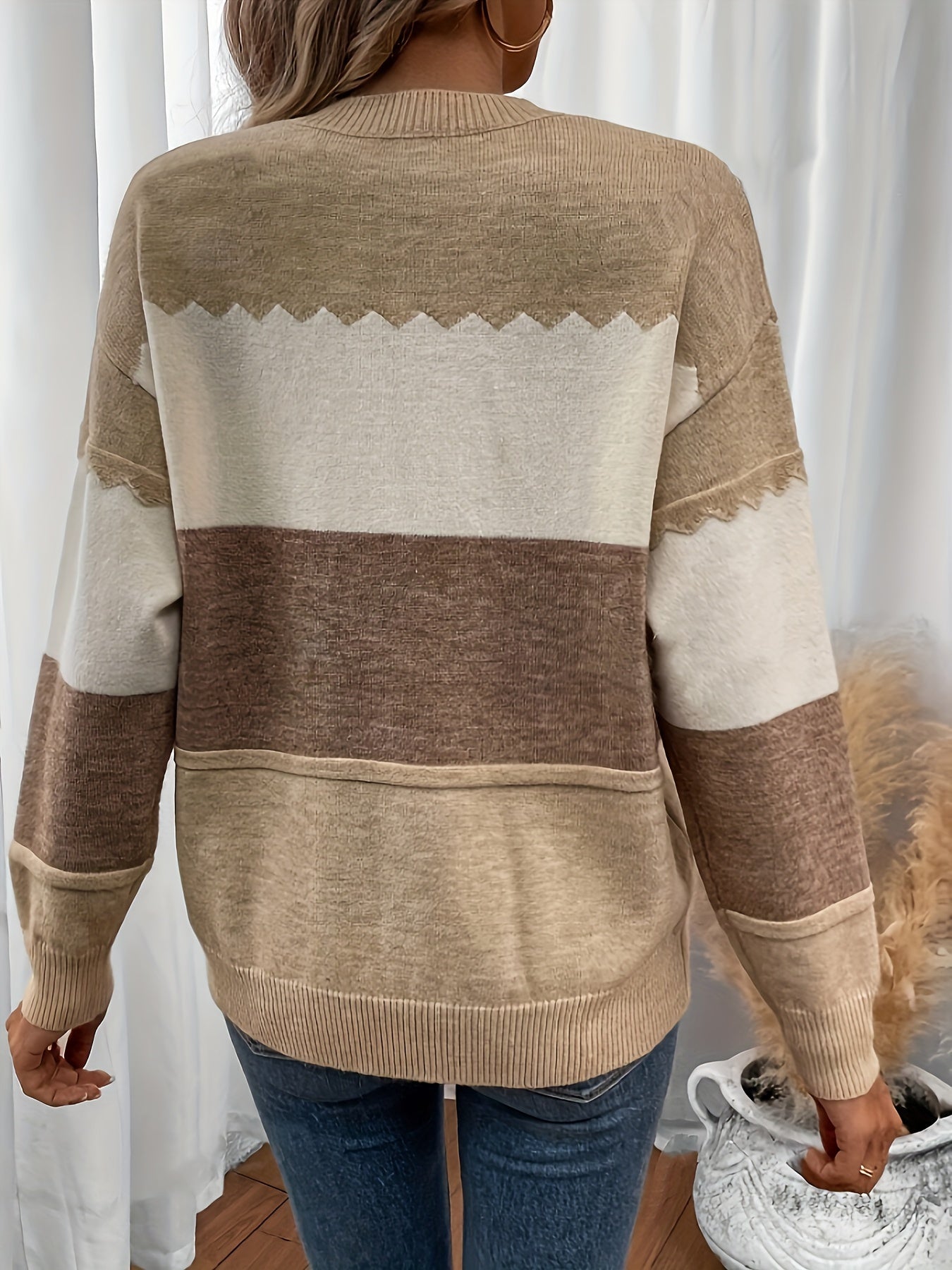 [Durable Build] Women's Elegant Color Block Knit Sweater - Striped Polyester Pullover with Round Neckline, Long Sleeves, Non-Transparent, All-Season Wear, Allseason Sweater | Elegant Knitwear | Polyester Fiber