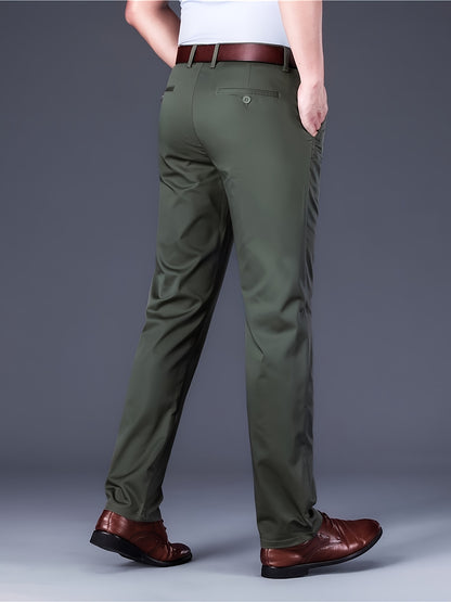 [Durable Build] Men's All-Season Casual Dress Pants - Business Style Stretch Trousers, Comfortable Classic Design, Light Brown Polyester Blend, Machine Washable, Smooth Finish, Regular Fit for Office or Leisure Wear