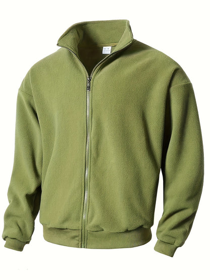 1pc Men'S Casual Sports Fleece Jacket - Solid Color Polyester Knit with Slight Stretch, Stand Collar, Long Sleeve, Regular Fit, Zipper Closure, Daily & Casual Wear