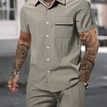 Men's Summer 2pcs Set: Casual Fashion Beige Short Sleeve Collared Shirt & Drawstring Shorts - Lightweight Blend, Ideal for Beach Vacations