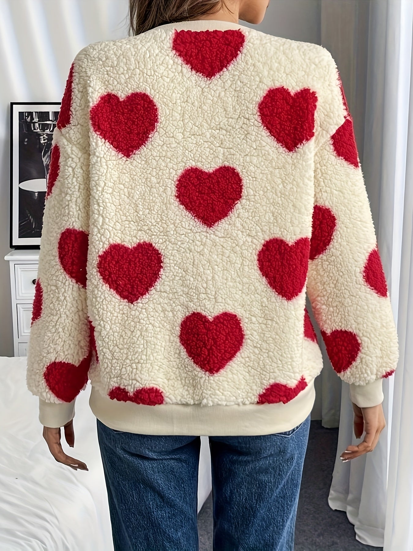 Women'S Plush Heart Sweater - Soft & Heart Pattern Sweater with Heart Cutouts, Cozy Winter Sweater for Fall & Winter