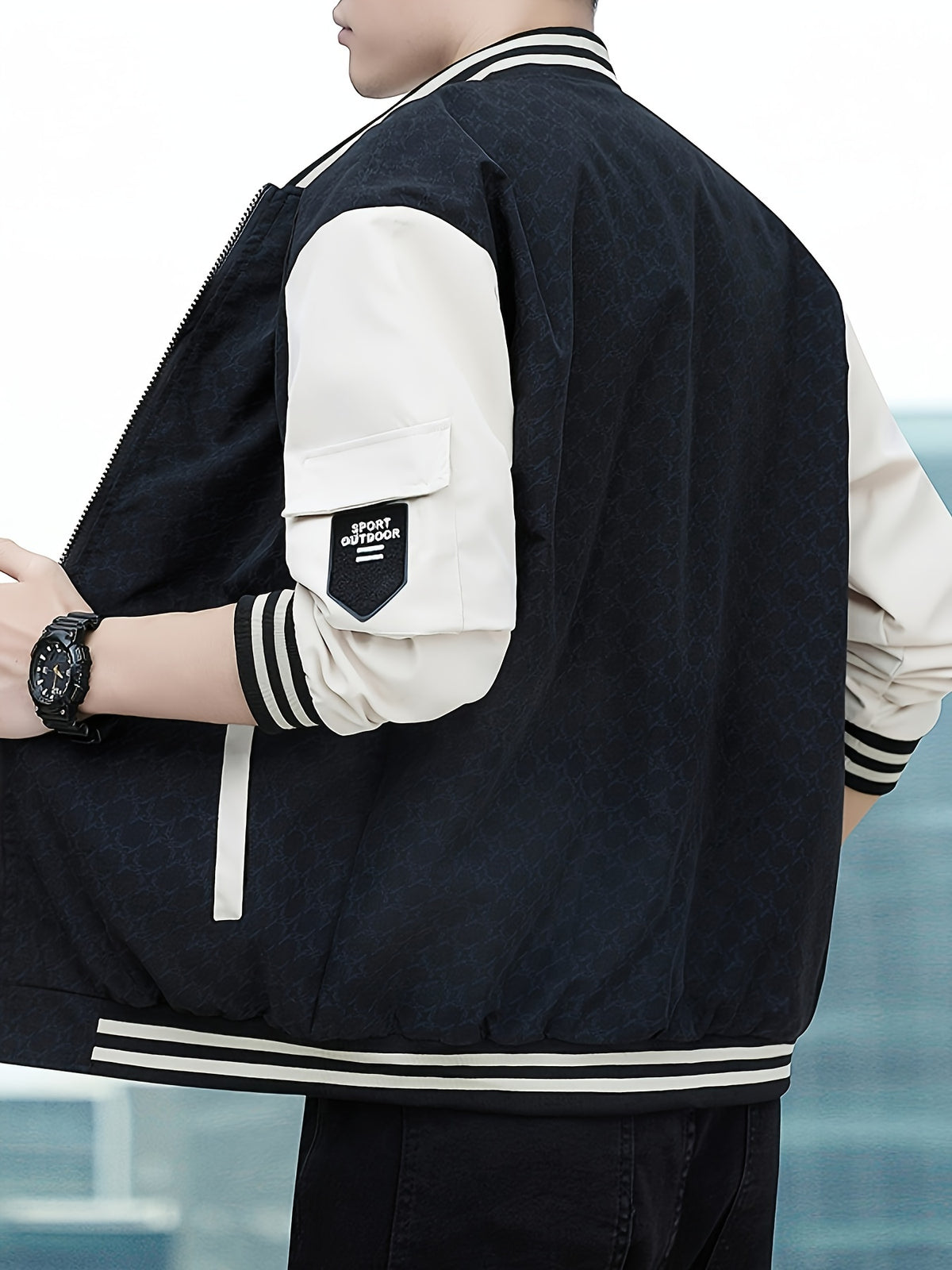 Men's Casual Autumn Jacket with Geometric Pattern, Polyester
