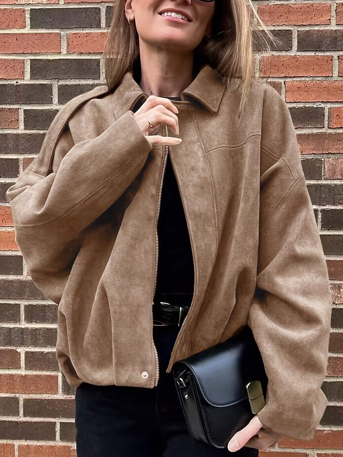 Կանացի վինտաժային բոմբեր բաճկոն - ազատ չափի երկար թևքով, կայծակաճարմանդով և իջեցված ուսերով, շագանակագույն առօրյա վերնազգեստ աշուն/ձմեռ համար, չձգվող գործվածք, իդեալական է առօրյա հագուստի համար, աշուն-ձմեռ բաճկոն | Վինտաժային բոմբեր ոճ | Zipp