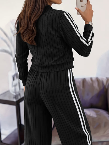 Women'S Stylish Casual Zip-Up Round Neck Ribbed Cardigan with Loose Straight Pants, a Two-Piece Casual Outfit - ayq