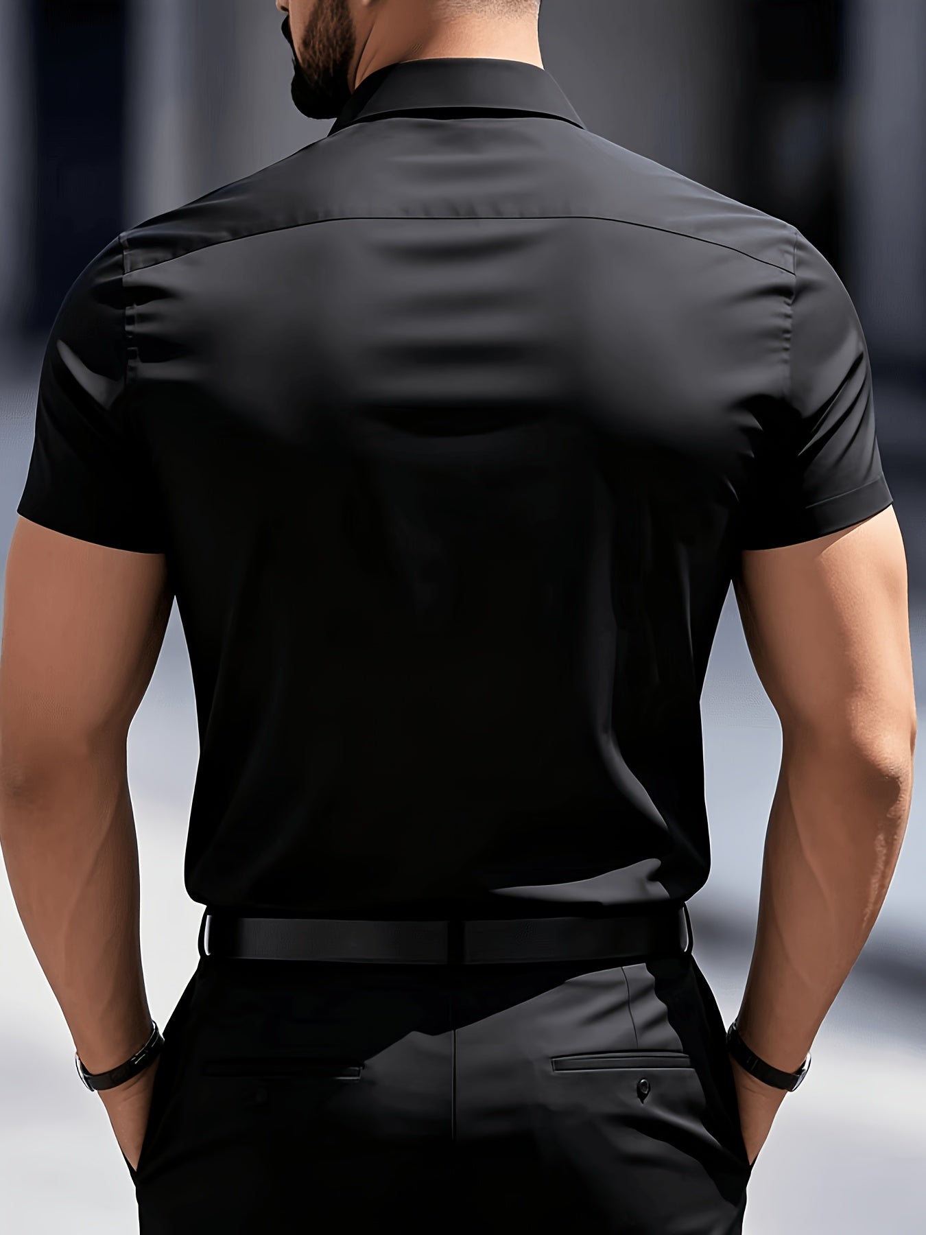 Men's Casual Navy Blue Short-Sleeve Polyester Shirt