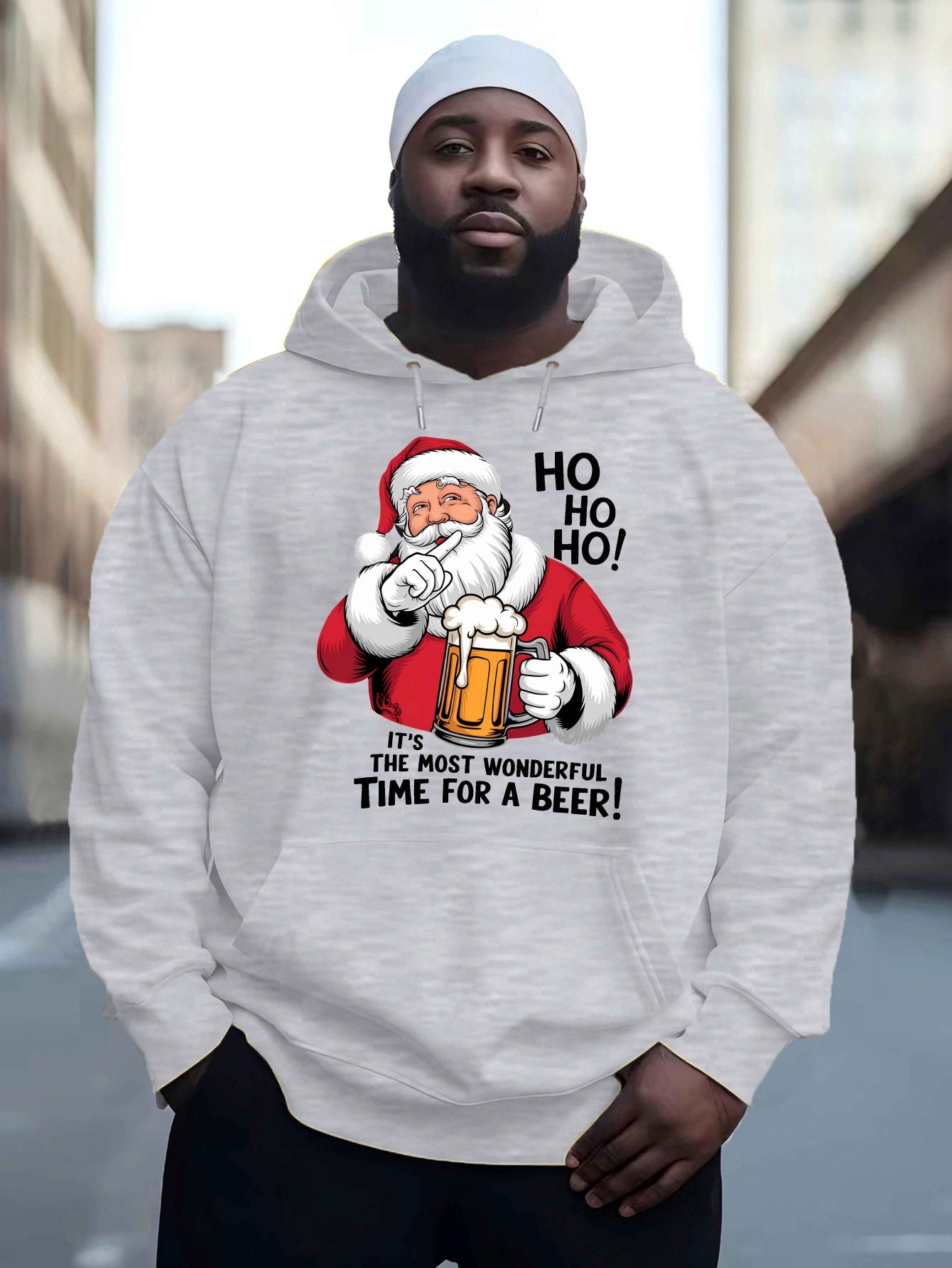 Men'S Red Hoodie with Santa Claus & Beer Mug Graphic - "Ho Ho Ho! It'S the Most Wonderful Time for a Beer!" - Cozy Plush Pullover for Fall & Winter, Casual Holiday Wear, Christmas Clothes, Plus Size