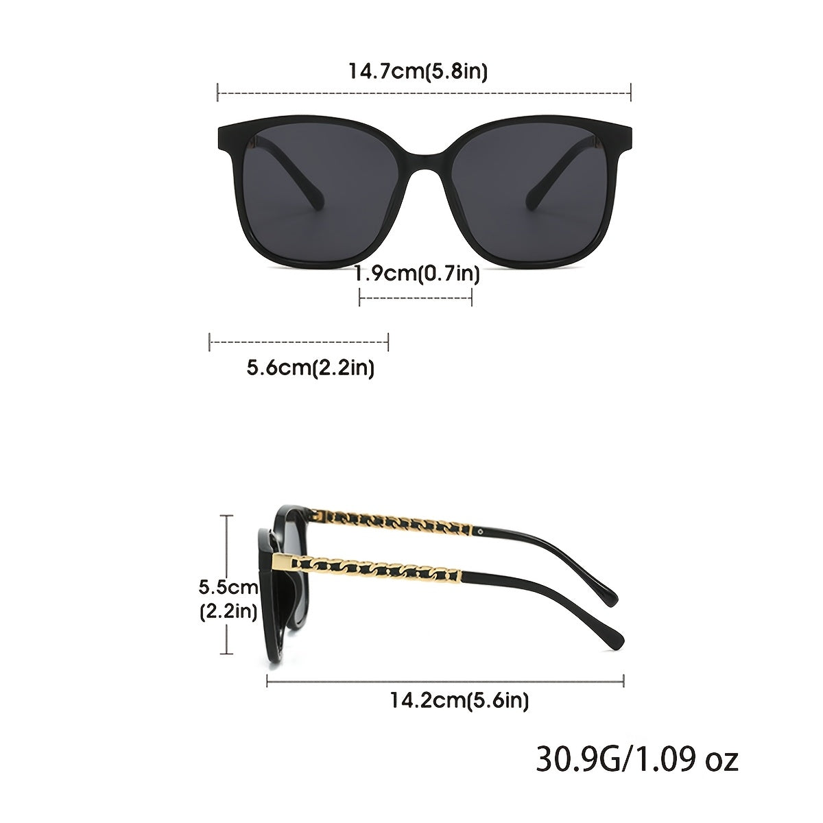Women's Large Black Frame Sunglasses with Gold Woven Temples