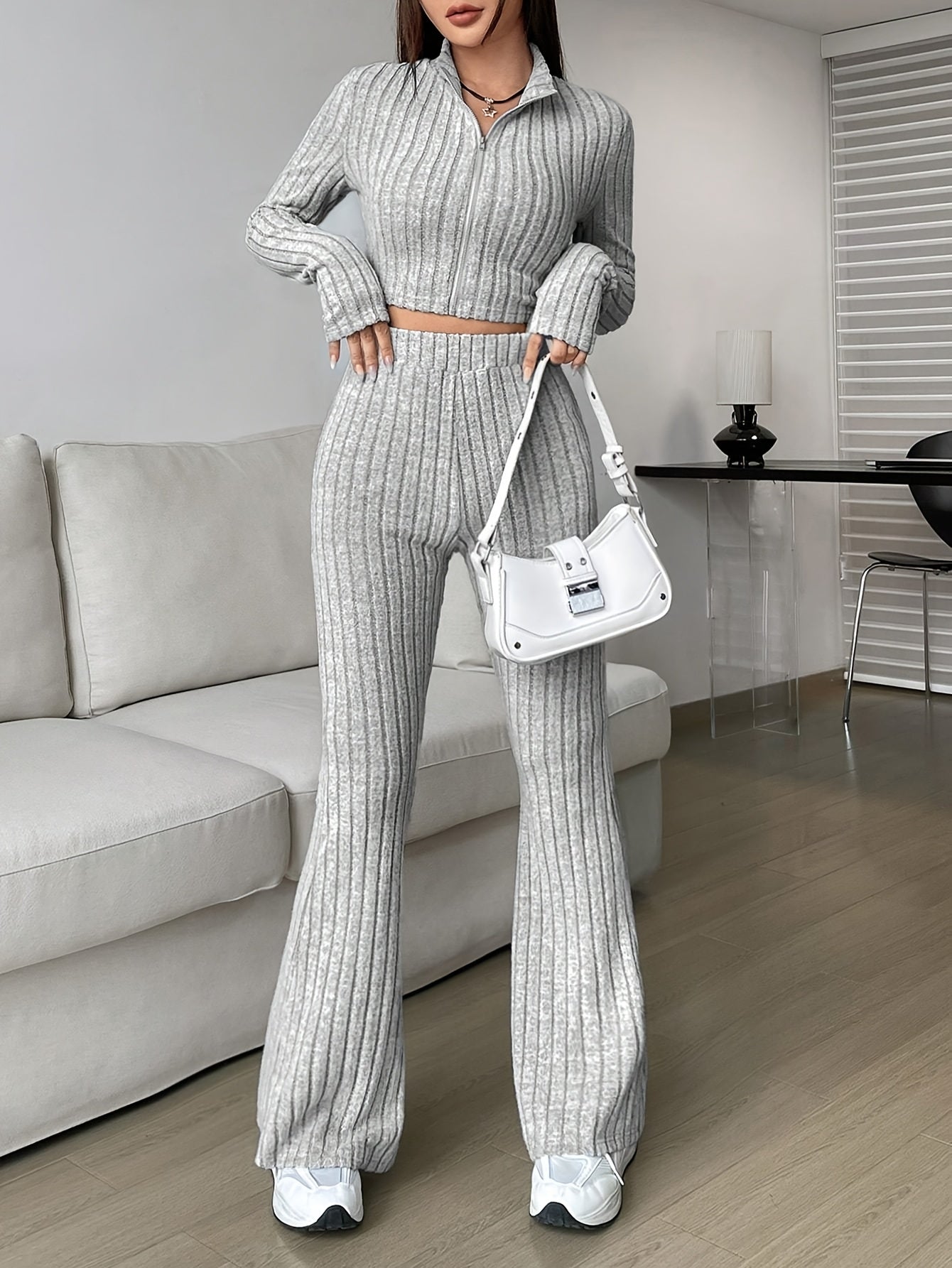 Elegant Zipper Cardigan & Wide Leg Pants Two-Piece Set