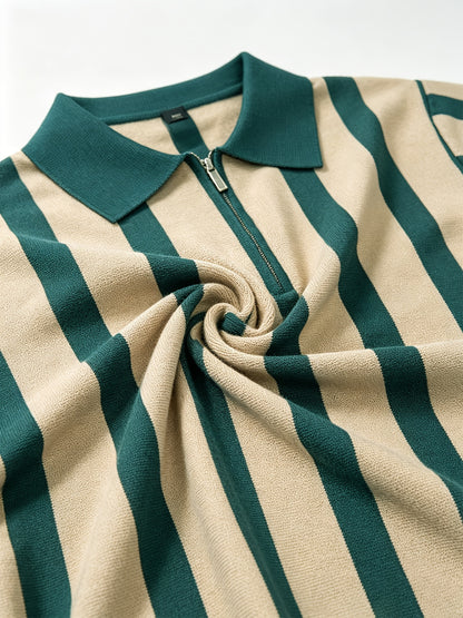Men's Slim Fit Vertical Stripe Knit Polo with Half-Zip Collar