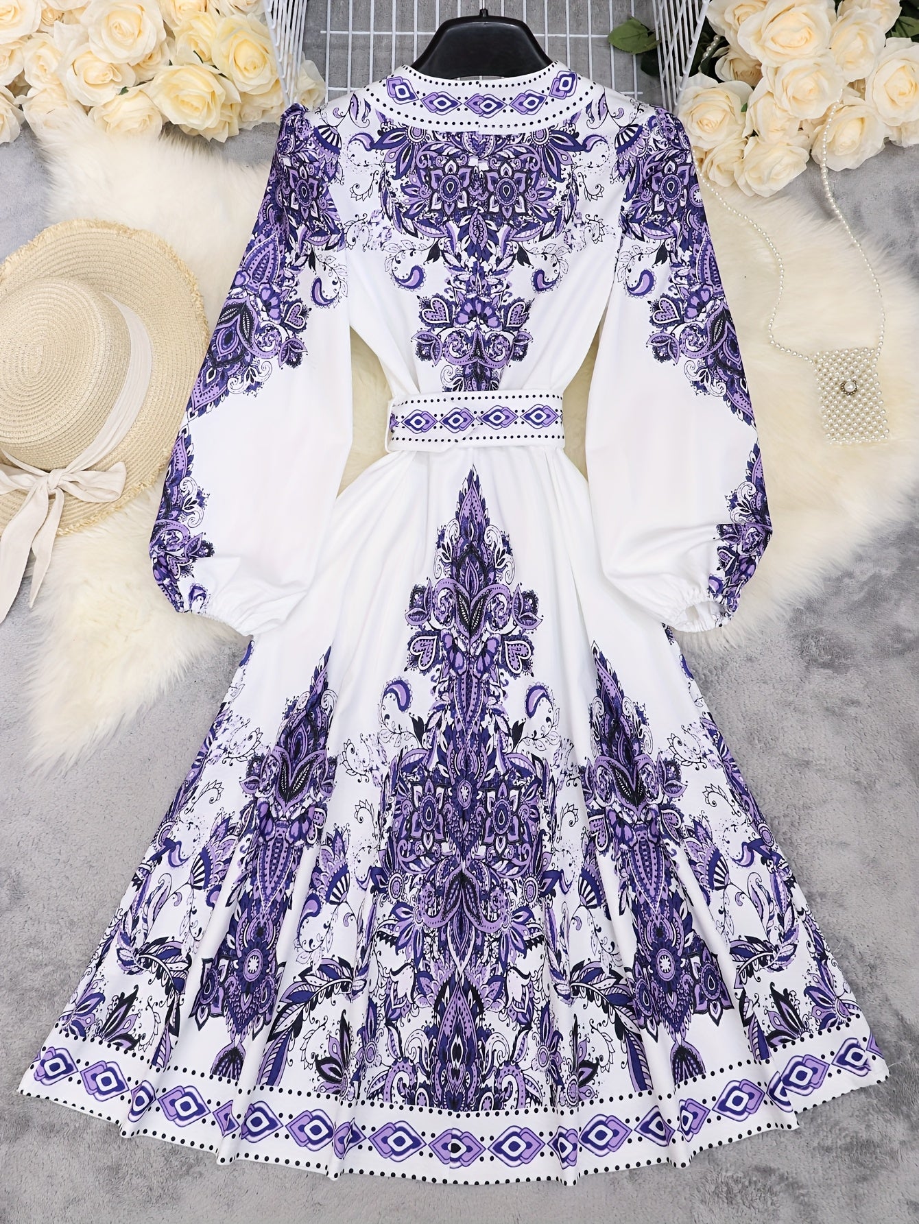 Holiday Cheer] Women's Bohemian Floral Print Half-Sleeve Midi Dress with Belt - V-Neck, Lightweight Polyester, Perfect for Summer Vacations, Casual Summer Wear|Print Casual Dress|Lightweight Dress, Holiday Dress