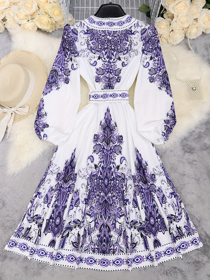 Holiday Cheer] Women's Bohemian Floral Print Half-Sleeve Midi Dress with Belt - V-Neck, Lightweight Polyester, Perfect for Summer Vacations, Casual Summer Wear|Print Casual Dress|Lightweight Dress, Holiday Dress