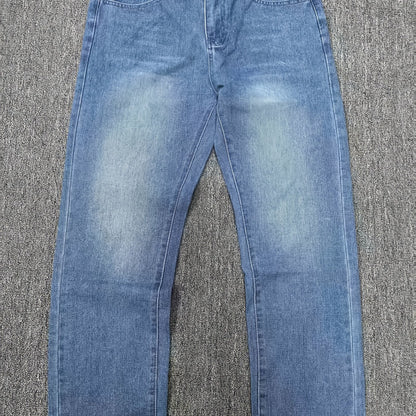 Men's Slim Fit Blue Jeans - All-Season, Non-Stretch Denim, Mid-Rise, Zip Closure, Casual Streetwear Style, Machine Washable, Yearround Wear|Sleek Jeans|Glossy Finish