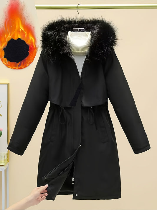Women's Elegant Black Parka with Faux Fur Trim - Mid-Length, Thick Winter Coat with Zipper and Pockets, Polyester, Hooded Outerwear for Cold Weather