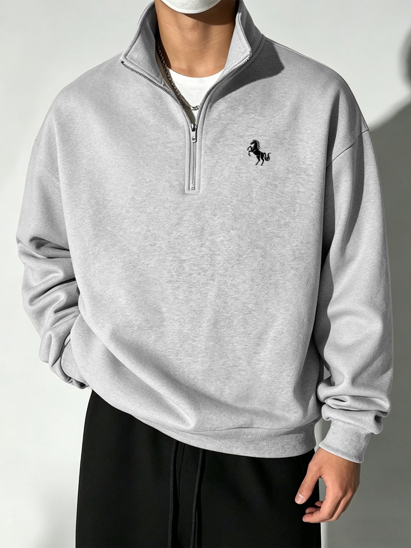 Men's Vintage Half-Zip Polyester Sweatshirt with Stand Collar