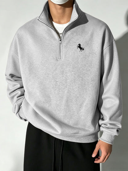 Men's Vintage Half-Zip Polyester Sweatshirt with Stand Collar