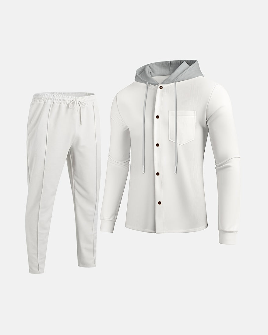 Men'S Lightweight Hooded Cardigan - Long Sleeve Sweater Jacket, Button-Front Closure, Light Grey Casual Outerwear for Office, Casual Attire - Breathable Fall/Spring Layering Essential, Sweater Cardigan, Waffle Texture, Durabl