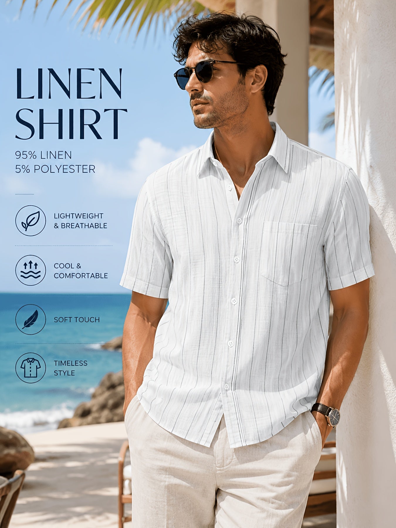 Men's Linen 2-Piece Short Sleeve Shirt & Pinstripe Pants Set