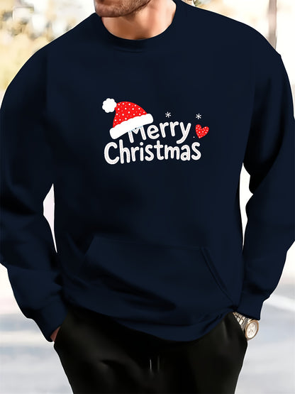 Men's White Christmas & New Year Oversized Sweatshirt - Long Loose Fit Casual Sweater with Pocket, Red Polka Santa Hat & Holly Berry Logo, Pink Heart Accent - Holiday Party Winter Wear (Machine Washable)