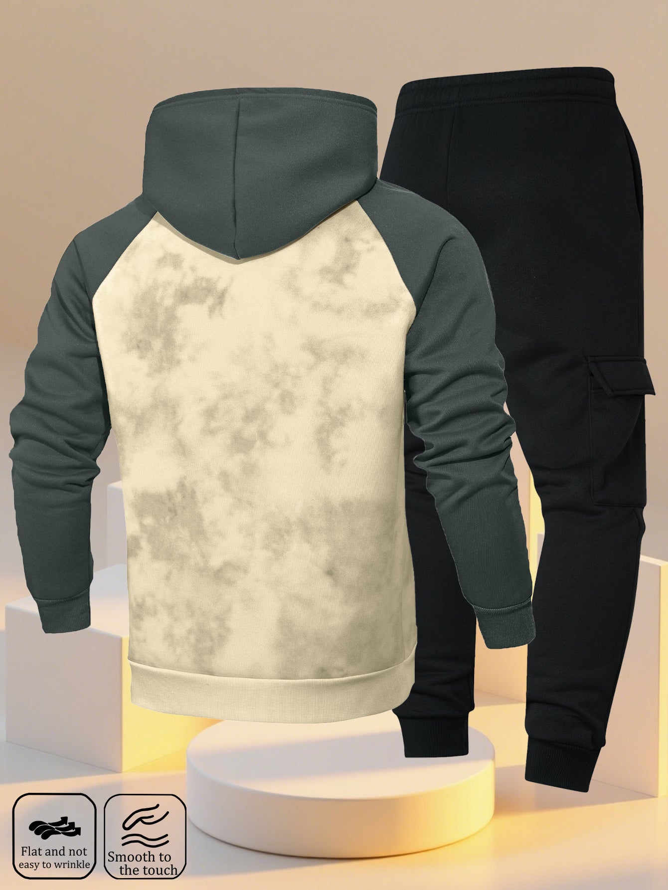 A New Trendy Color-Blocked Hoodie with Raglan Sleeves And Loose-Fitting Cargo Pants Featuring Multiple Pockets, Perfect for Casual Everyday Wear. This Breathable Hoodie And Loose Long Pants Set Comes in a Two-Piece Print Desi