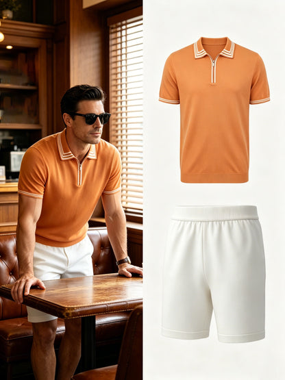 Men's Casual Striped Knit Polo & Lightweight Shorts Set