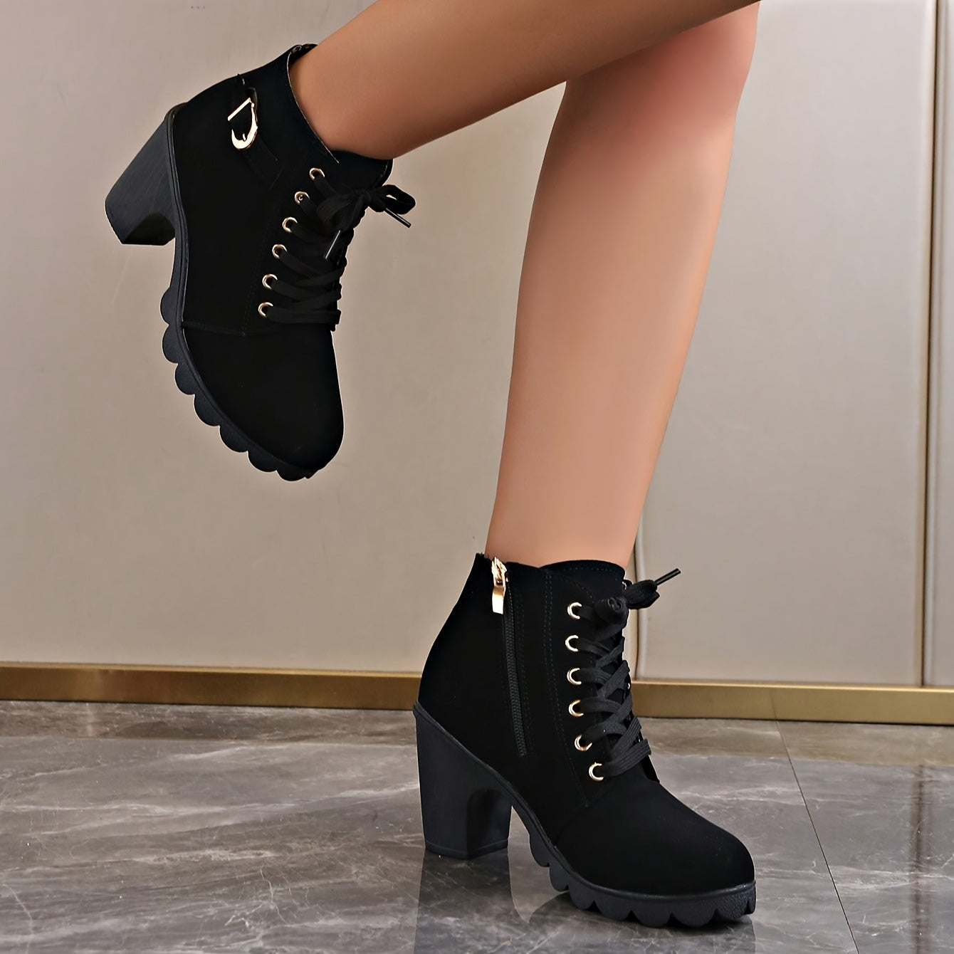 Women's Chunky Heel Short Boots, Fashion Lace Up Side Zipper Boots, Comfortable Ankle Boots