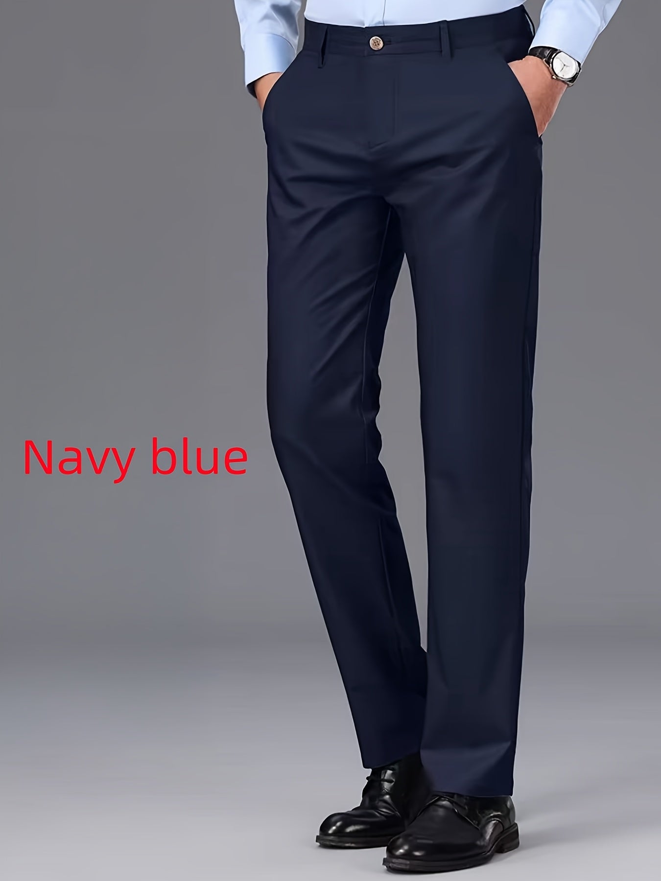2pcs Men's Straight Leg Dress Pants, TR Fabric, Navy Blue & Black, Formal Business Suit Trousers for Office or Casual Wear, Lightweight Polyester Blend, Glossy Finish, Mid-Rise, All-Season