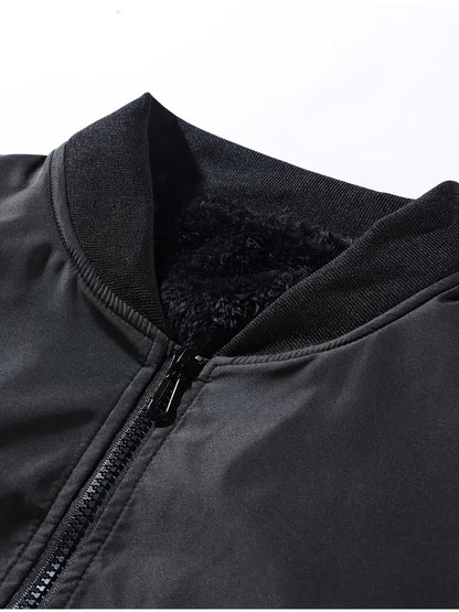 Men's Thermal Bomber Jacket - Heavyweight Winter Coat with Zippered Pocket, Casual Black Jacket, Polyester Outerwear for Men, Ideal for Aviation & Everyday Use, Casual Jacket For Men, Lightweight Jacket For Men, Winter Clothe