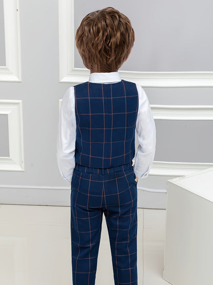 Boys' Plaid Vest & Pants Set with Bow Tie for Spring Fall
