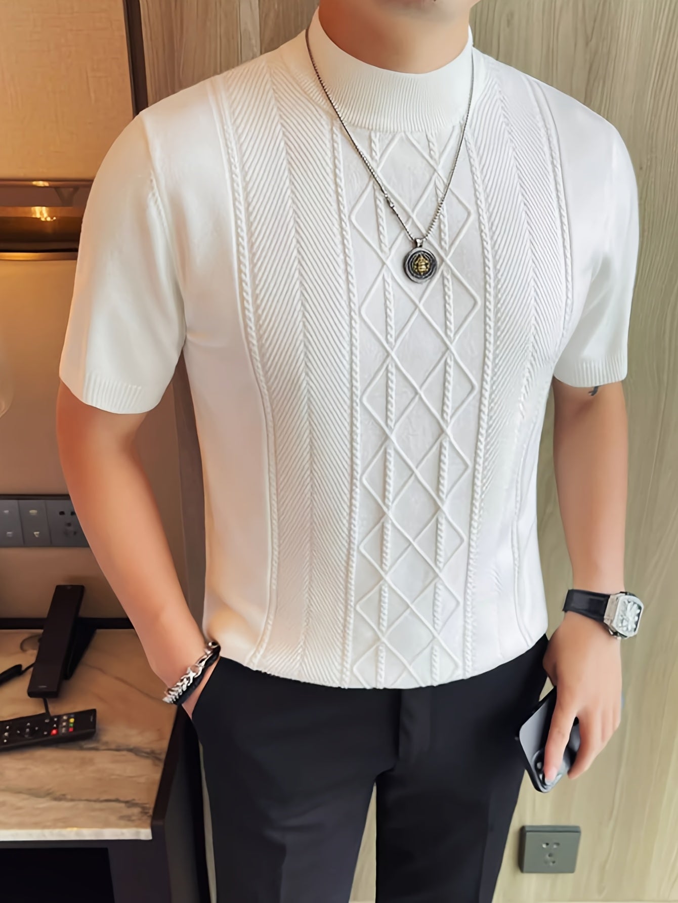 Men's New Solid Color Rhombus Fashion Semi-High Neck Knit Sweater, Spring/Summer Casual Short Sleeve Knit Top - ayq