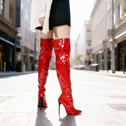 2025 Women's Pointed-Toe Patent Over-the-Knee-High Boots, Ultra High Heel Design, Sexy and Fashionable. Side Zipper for Easy On/Off Wear with Thin Lining Inside to Provide Personality Warmer Comfort; Eye-Catching at Parties o