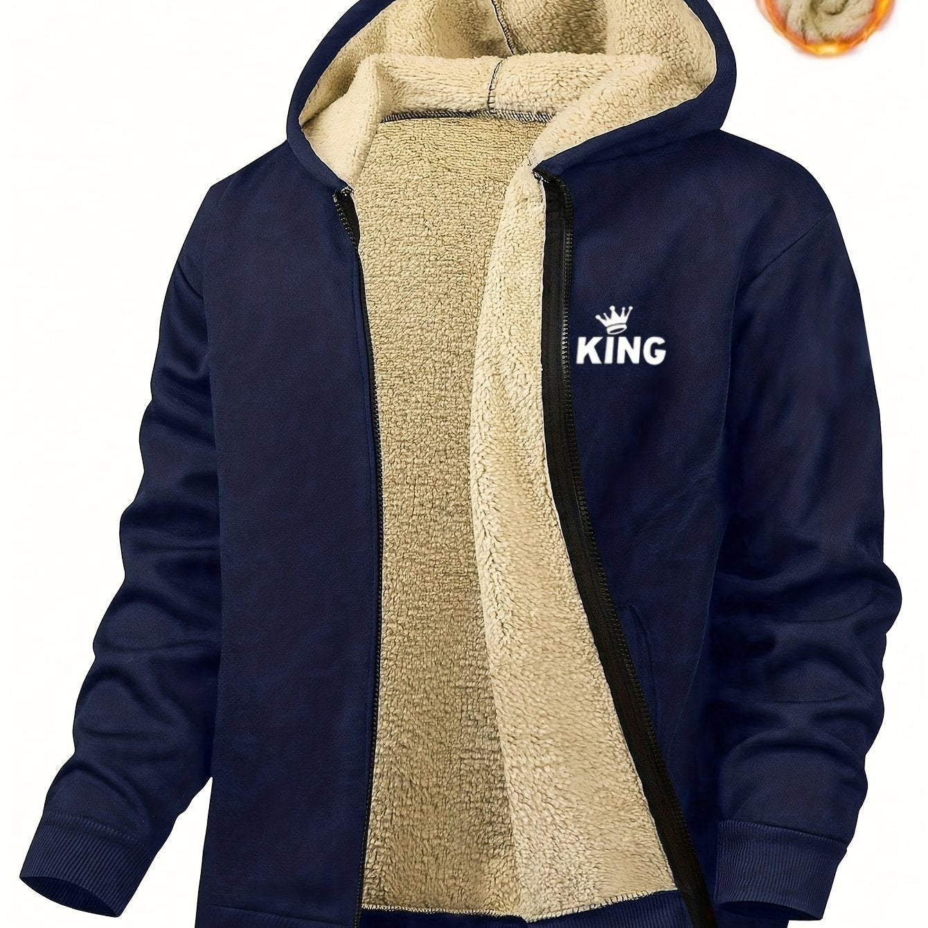 Առօրյա գլխարկով բրդյա բաճկոն «KING» նախշով, կայծակաճարմանդով, երկար թևքերով, սովորական չափսի, աշուն/ձմեռ բացօթյա սպորտաձևերի համար նախատեսված վերարկու, առօրյա վերարկու, դեռահասի համար, դեռահասի համար, դեռահասի համար