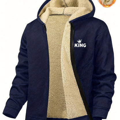 Առօրյա գլխարկով բրդյա բաճկոն «KING» նախշով, կայծակաճարմանդով, երկար թևքերով, սովորական չափսի, աշուն/ձմեռ բացօթյա սպորտաձևերի համար նախատեսված վերարկու, առօրյա վերարկու, դեռահասի համար, դեռահասի համար, դեռահասի համար