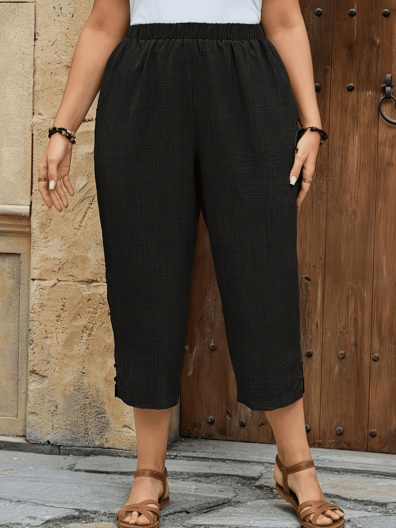 Plus Size Solid Color Straight-Leg Capri Pants for Summer