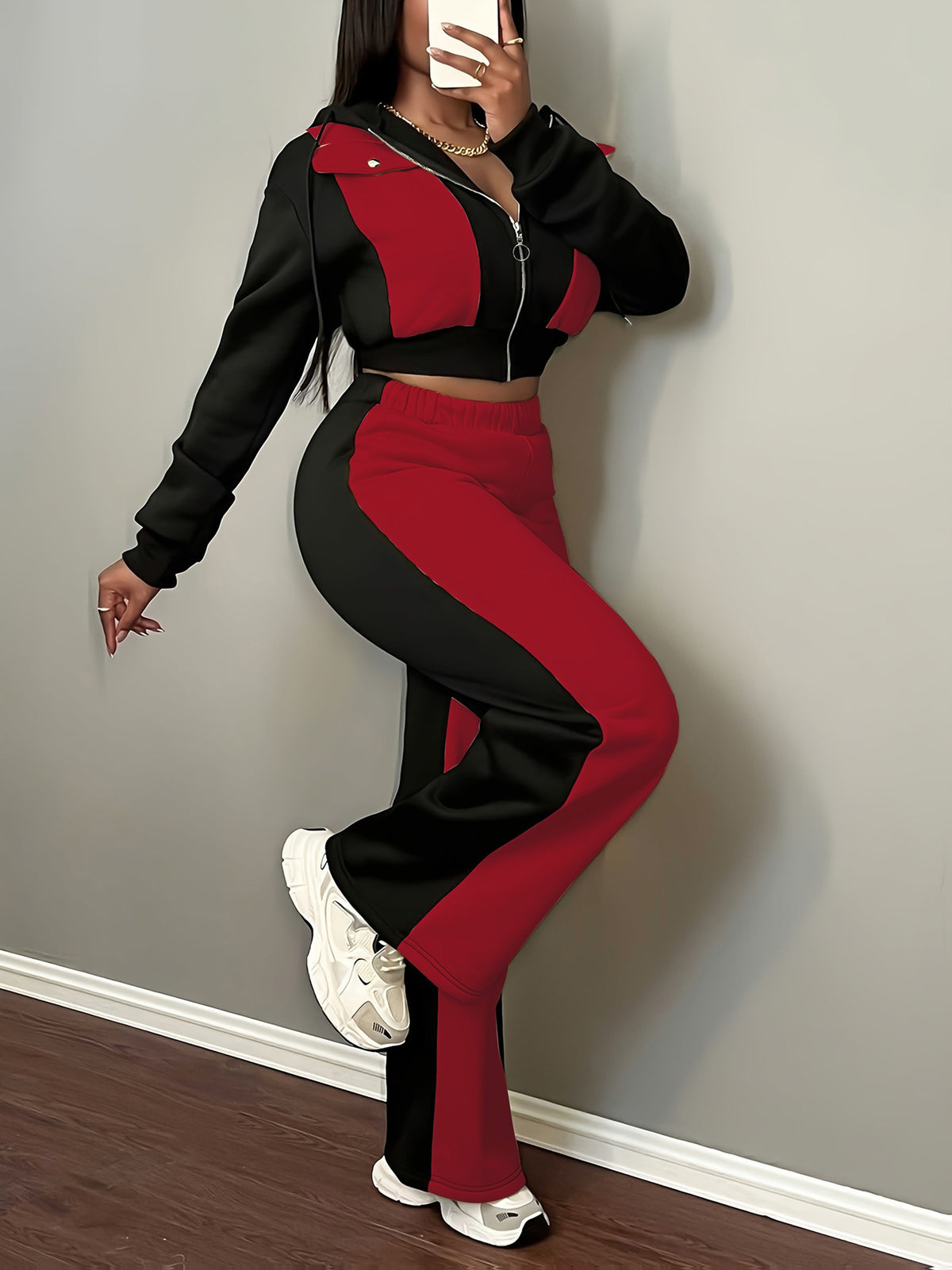 Women’s Color Block Hooded Sweatshirt and Pants Set for Fall-Winter - ayq