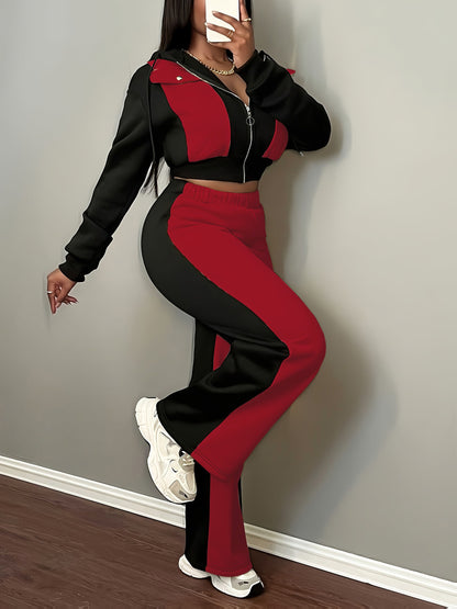 Women’s Color Block Hooded Sweatshirt and Pants Set for Fall-Winter - ayq