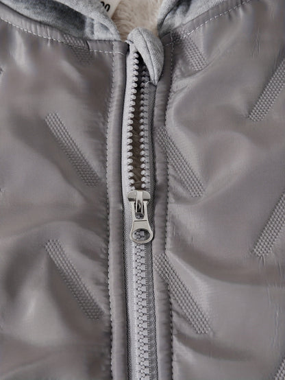 DONABEBE Boys' 2pcs Winter Jacket & Pants Set - Full-Zip Hooded Coat with Striped Sleeves & Matching Pants, Thick Outfit for &, Soft Warm Casual Playwear (Grey/Black) - Hand Washable 2pcs Clothing, Perfect for Outdoor